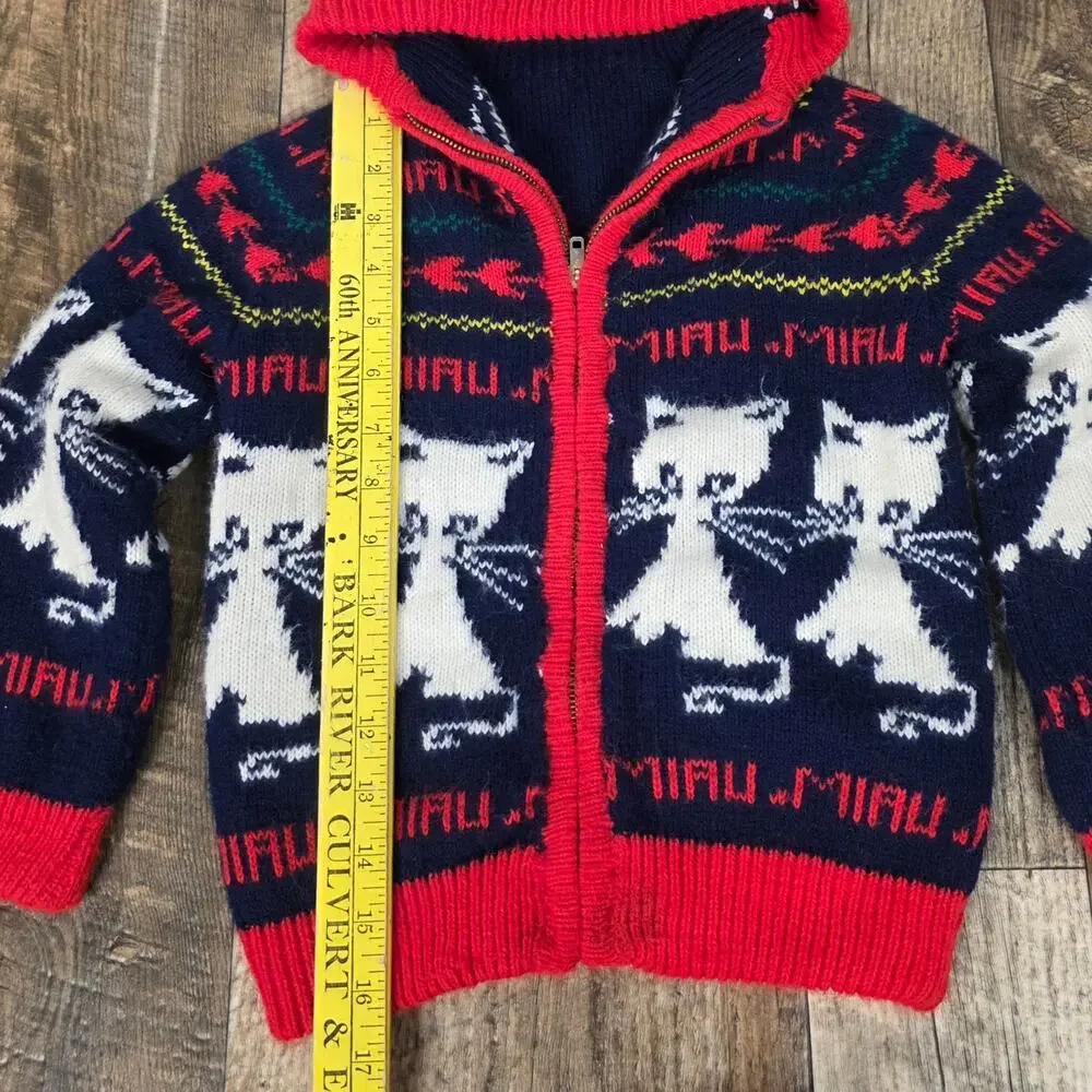 Vintage Kids Reversible Cat Sweater Hoodie Navy Red Zip Cardigan Novelty
